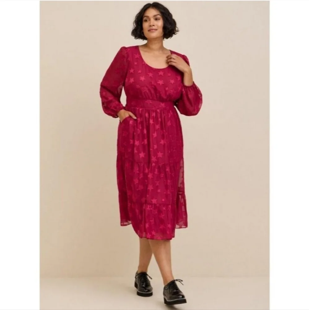 Torrid Burgundy Chiffon Clipdot Star Dress 1X (14-16) - Picture 2 of 5